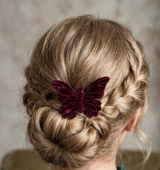 Mariposa Wine Velvet Butterfly Clip Handmade in the USA.  Clip into hair, onto lapel, dress, handbag and more.