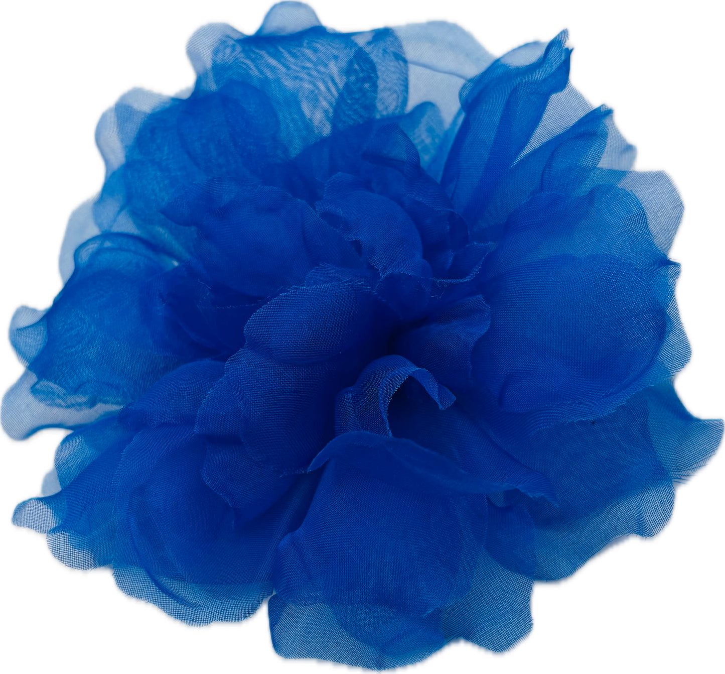 Karin's Garden "Harper" 4" Silk Royal Blue Organza Gardenia Pin Brooch & Clip. Handmade in the USA.  Pin or Clip into hair, onto dress, lapel, handbag and more.