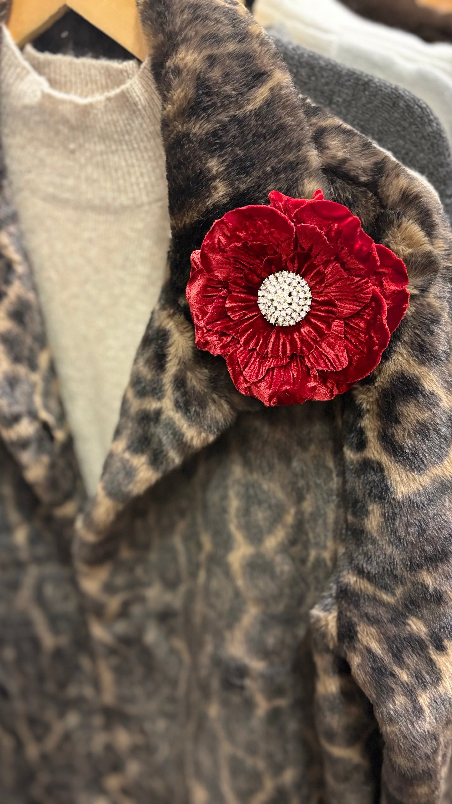 "Katherine" Red 4” Velvet Flower Pin.  Velvet and Rhinestone Pin or Clip into Hair or onto Lapel. Made in the USA.
