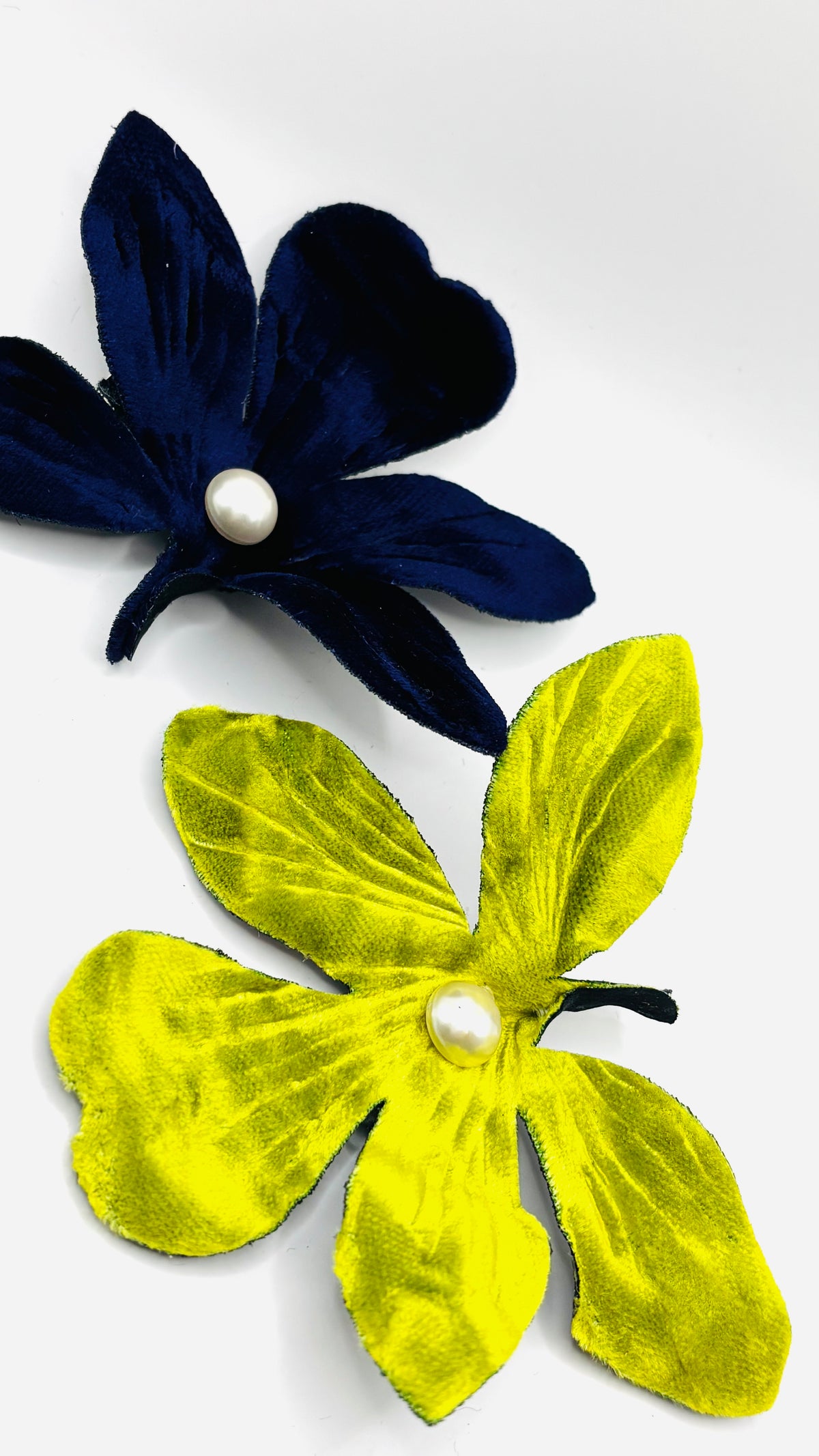 Chartreuse Crushed Velvet Orchid with pearl center Clip into hair, onto lapel, handbag and more