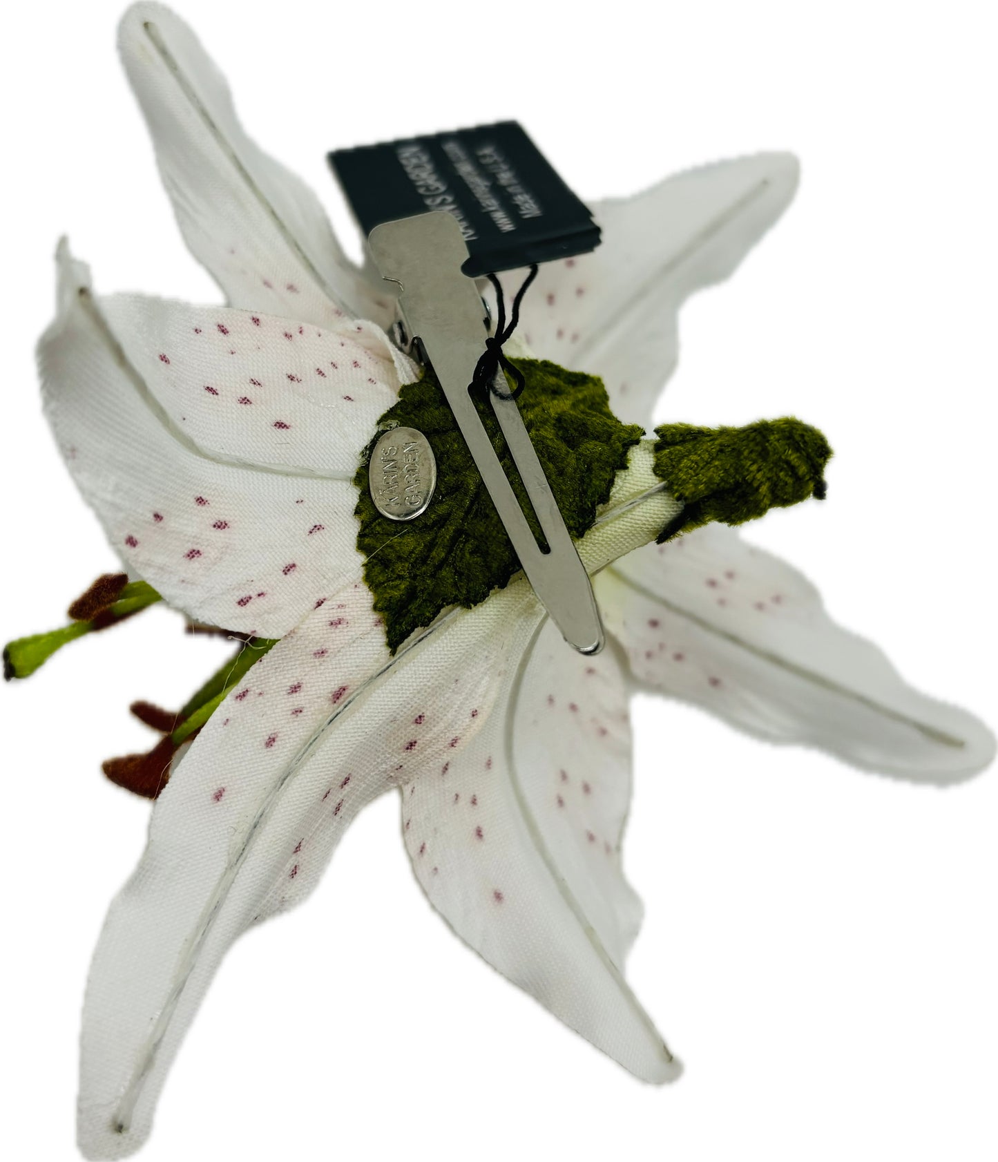 Karin’s Garden Ophelia White 3” Tiger Lily Pinch Clip with Crystals.  Life Like Lilies