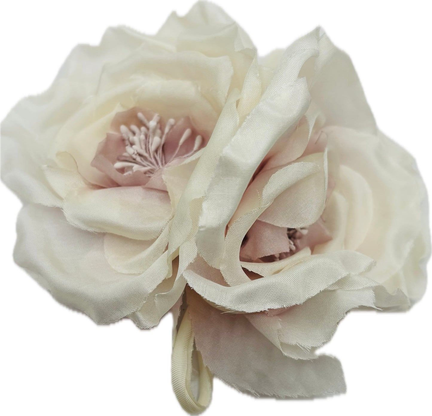 "Bianca" 4.5" Ivory Pink Double Rose Silk Brooch and Clip.  Pin or Clip onto dress, into hair, onto handbag, hats, on a dress and more.