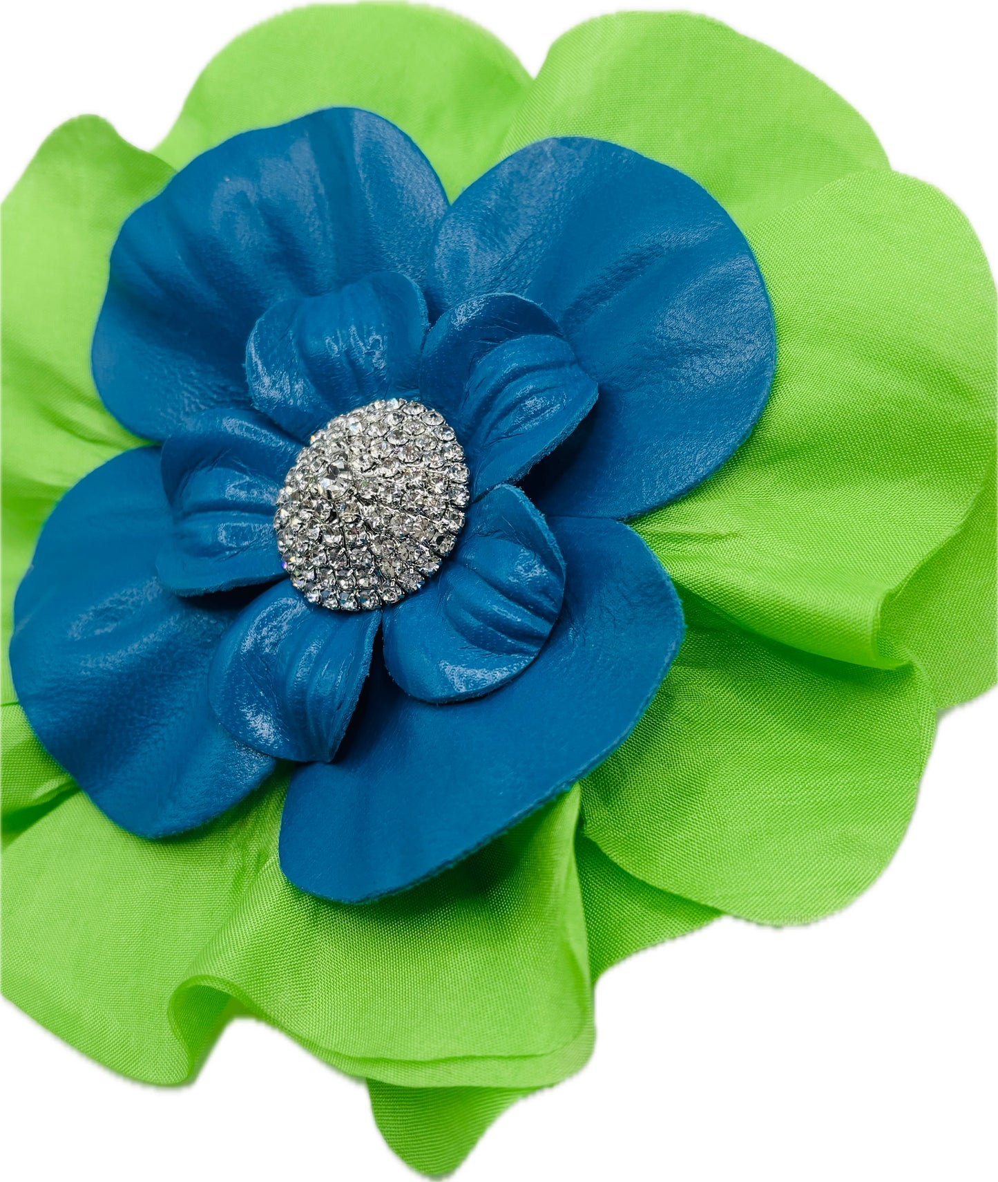 "Seattle SEAHAWKS" Lime Silk and Blue Leather Silk Poppy Crystal Brooch and Clip: Bendable Petals.  Wear on jersey, in hair, on handbag and more