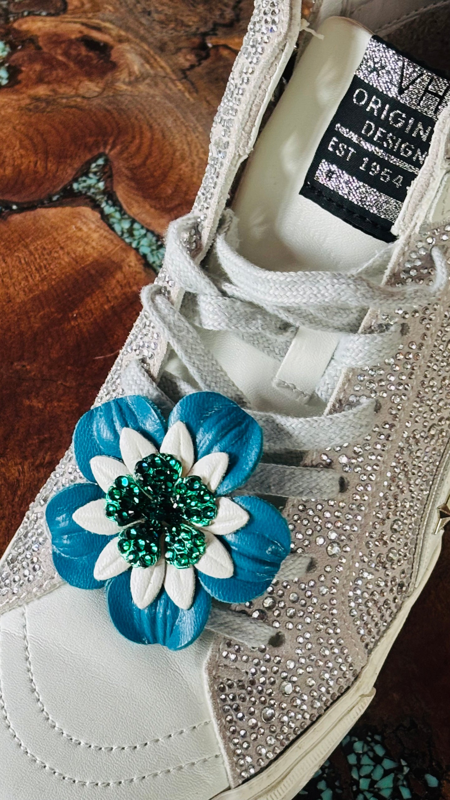 “Seahawks" 2.25 Petite Leather & Crystal Flower Pin & Clip. White with Blue Center. Made in Seattle, WA