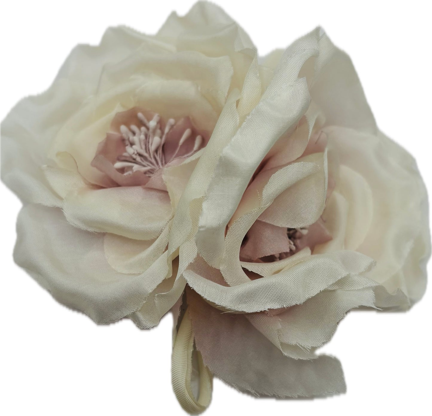 "Bianca" 4.5" Ivory Pink Double Rose Silk Brooch and Clip.  Pin or Clip onto dress, into hair, onto handbag, hats, on a dress and more.