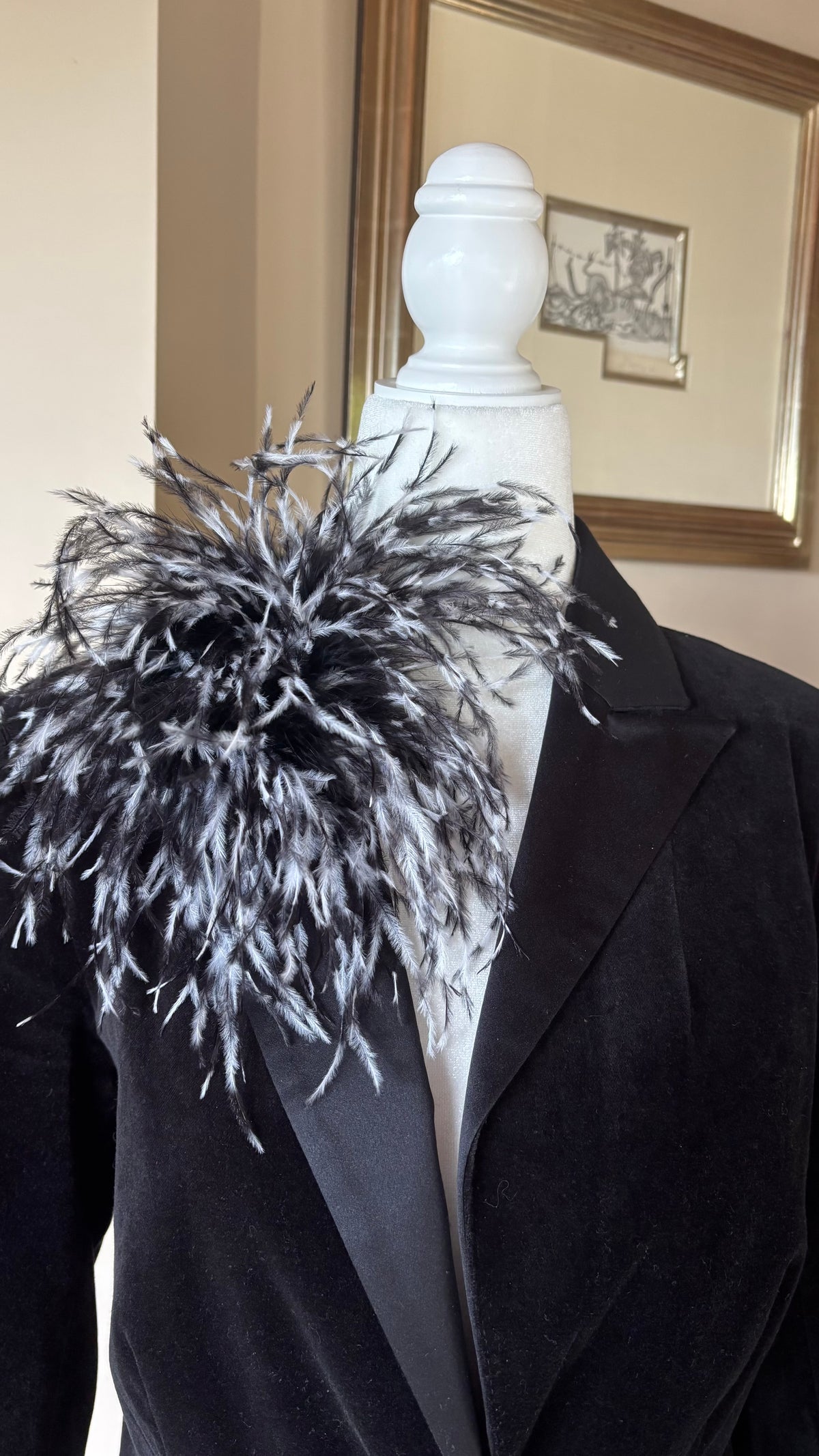 "Dietrich" Petite Ostrich Pin & Clip in Black/White.  Made in the USA. Genuine Ostrich. Available in many colors.  Available in Petite or Grand
