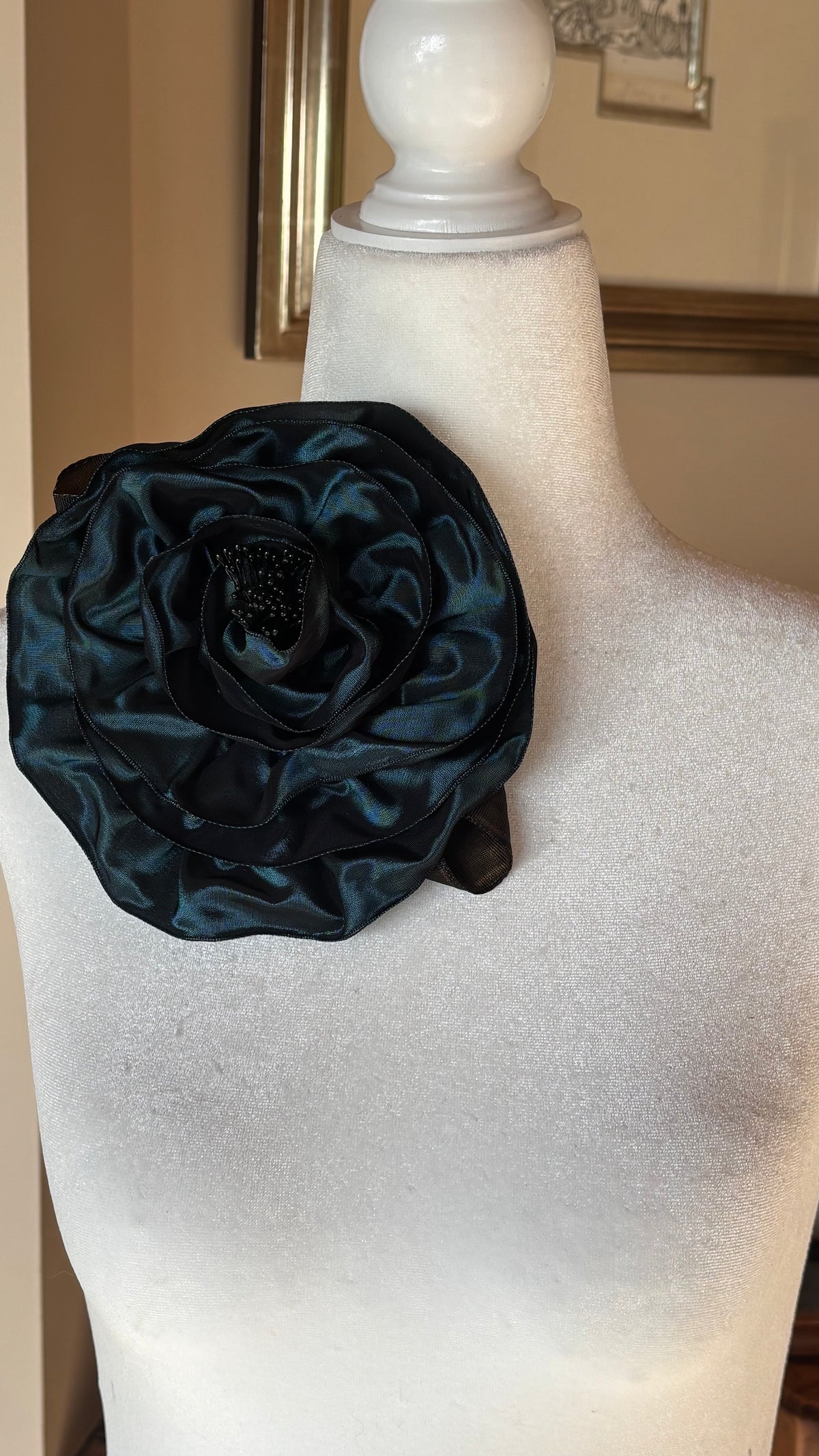 “Rosette” Brooch & Clip in Teal.  Pin or Clip to dresses, lapels, handbag or hat.  Made in the USA.  You can reshape the flower and leaves.