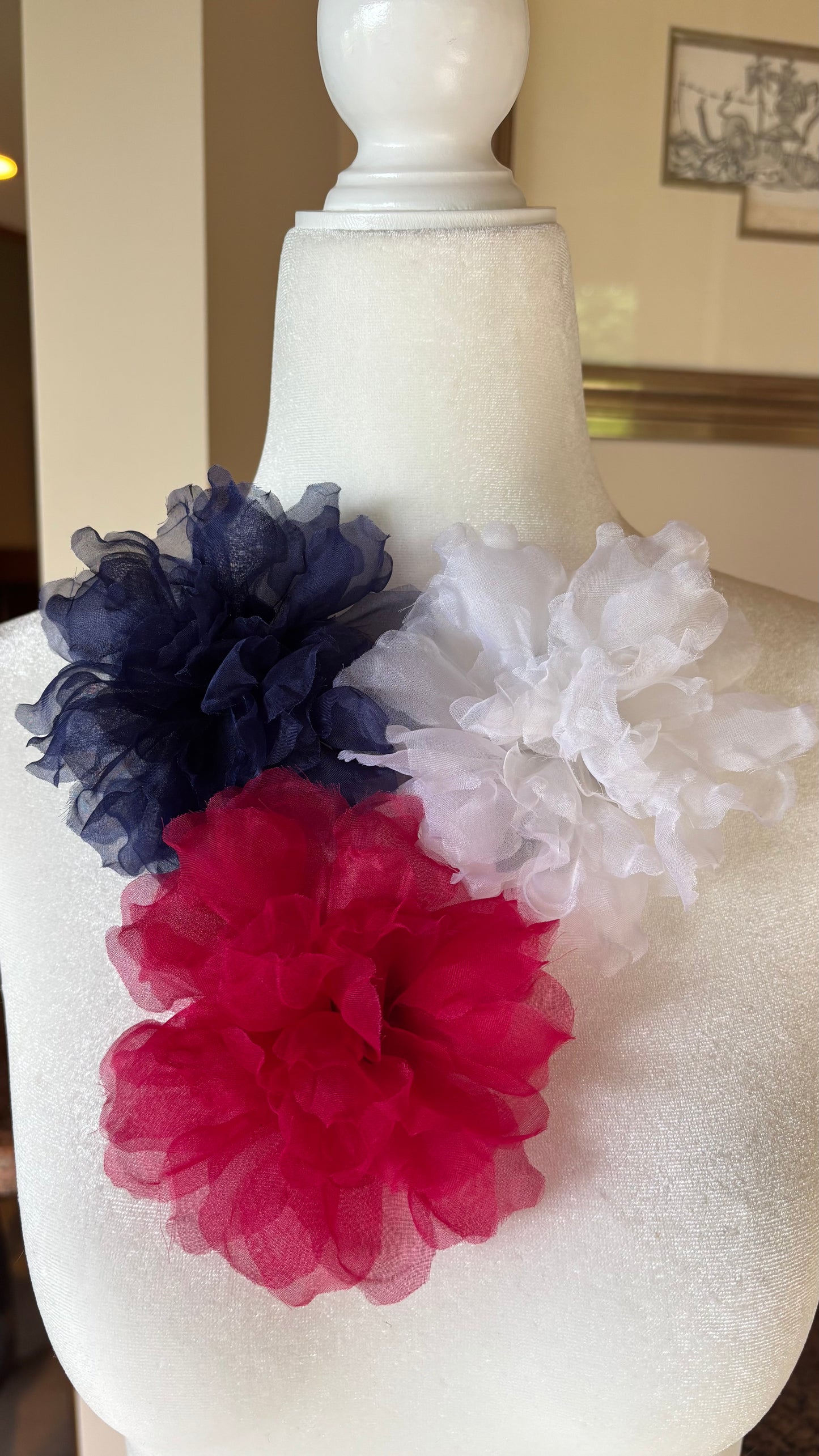 Karin's Garden "Harper" 4" Silk Organza Navy Blue Gardenia Pin Brooch & Clip. Handmade in the USA.  Pin or Clip into hair, onto dress, lapel, handbag and more.