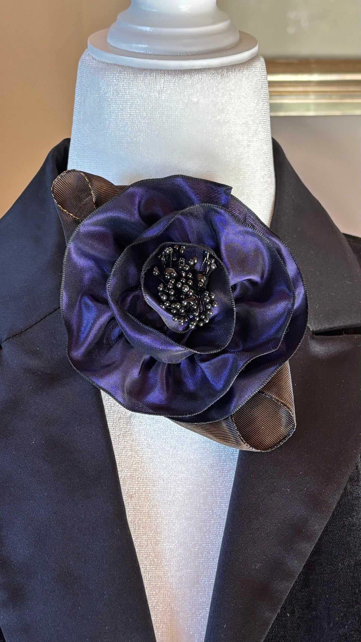 Francesca Petite Brooch & Clip in Aubergine.  Pin or Clip to dresses, lapels, handbag or hat.  Made in the USA.  You can reshape the flower and leaves.  Taffeta from France.