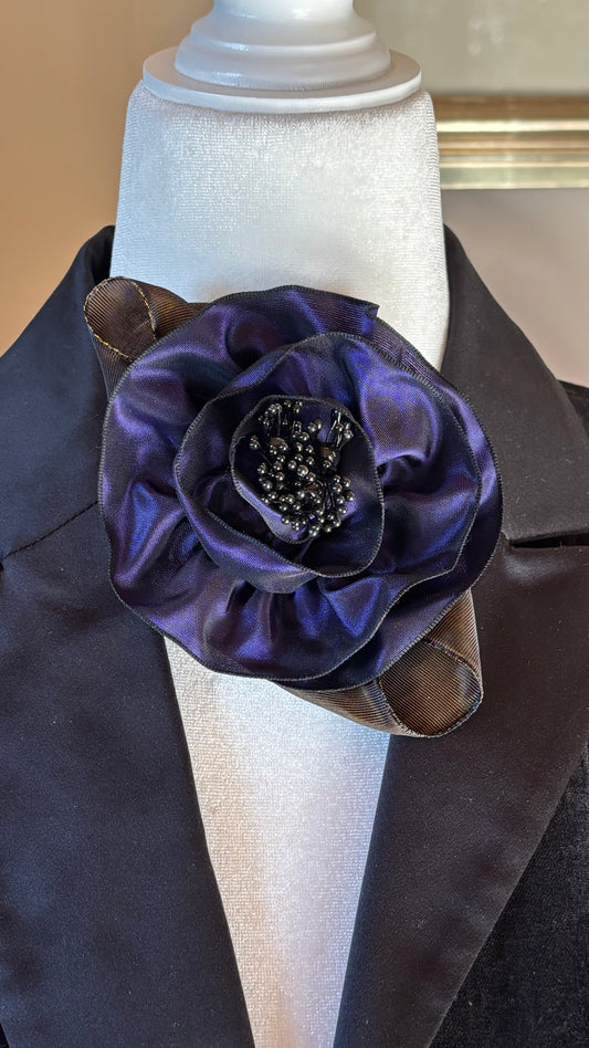 Francesca Petite Brooch & Clip in Aubergine.  Pin or Clip to dresses, lapels, handbag or hat.  Made in the USA.  You can reshape the flower and leaves.  Taffeta from France.