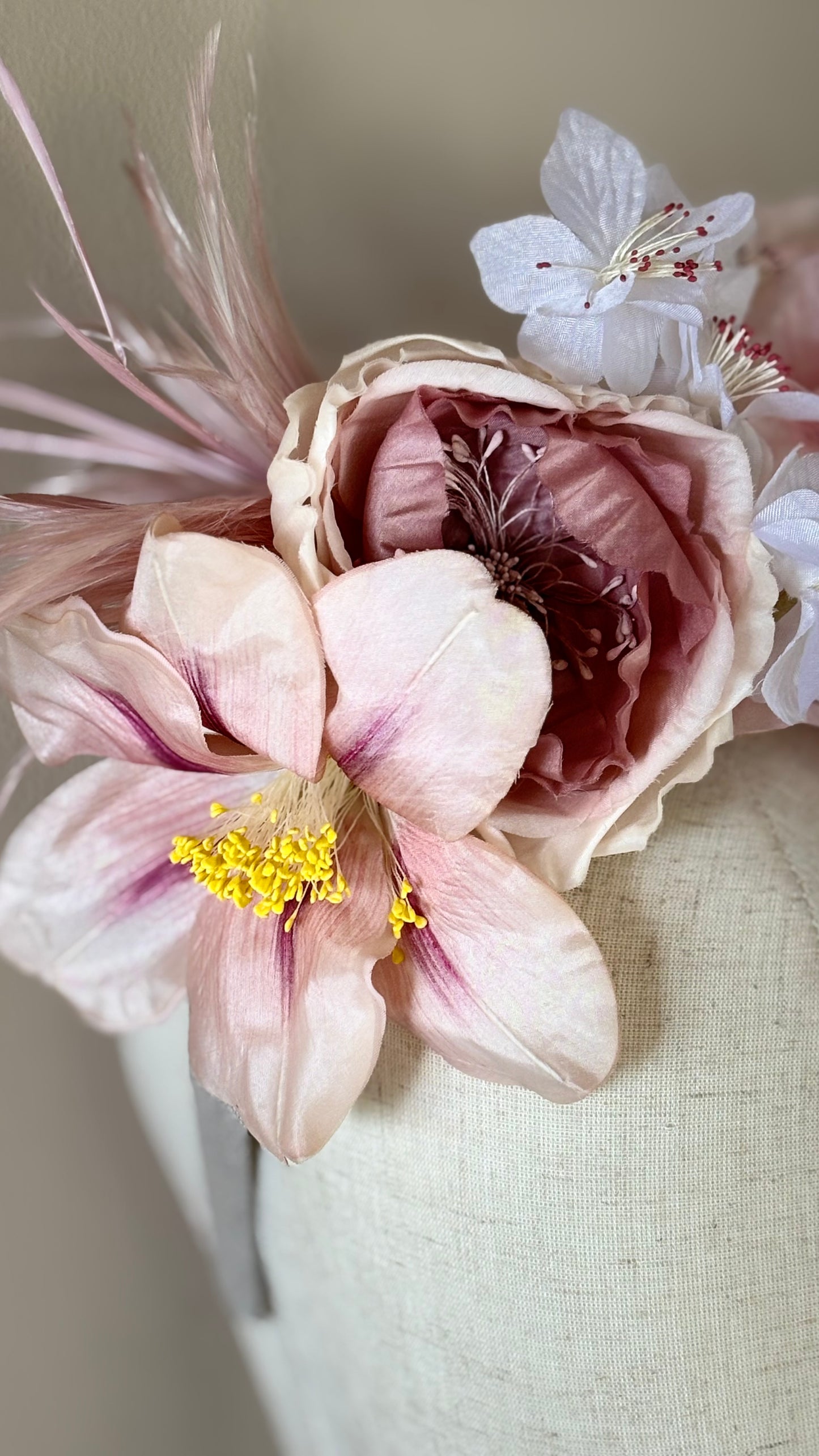 "The Versailles Garden Crown" A one-of-a-kind composition of rare vintage European florals and modern elements, arranged entirely by hand.