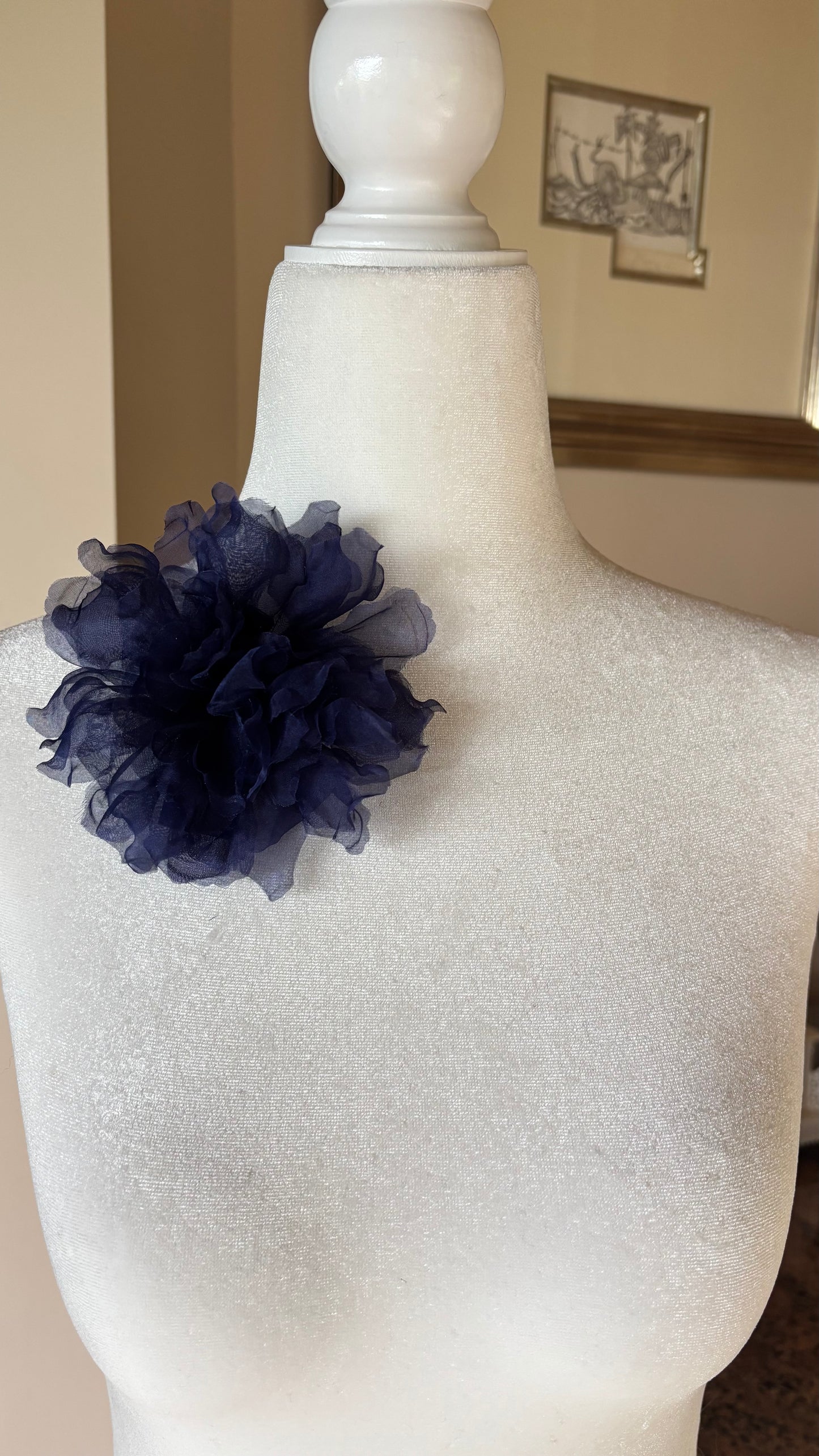 Karin's Garden "Harper" 4" Silk Organza Navy Blue Gardenia Pin Brooch & Clip. Handmade in the USA.  Pin or Clip into hair, onto dress, lapel, handbag and more.