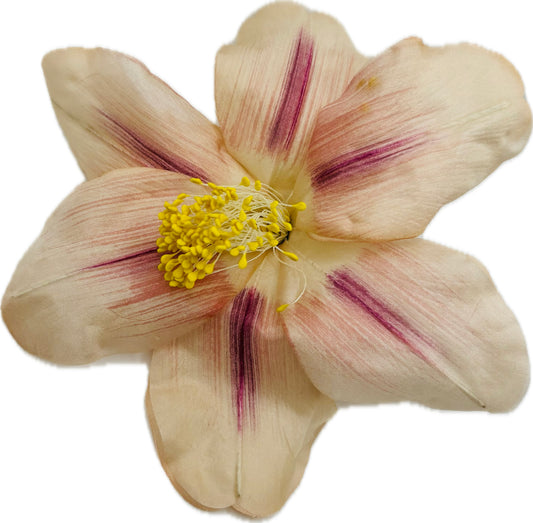 "Clementine" 4" Silk Clematis Pink Ivory Brooch and Clip. Karin's Garden. Bendable Petals. Pin or Clip into hair, onto dress, lapel, handbag and more.