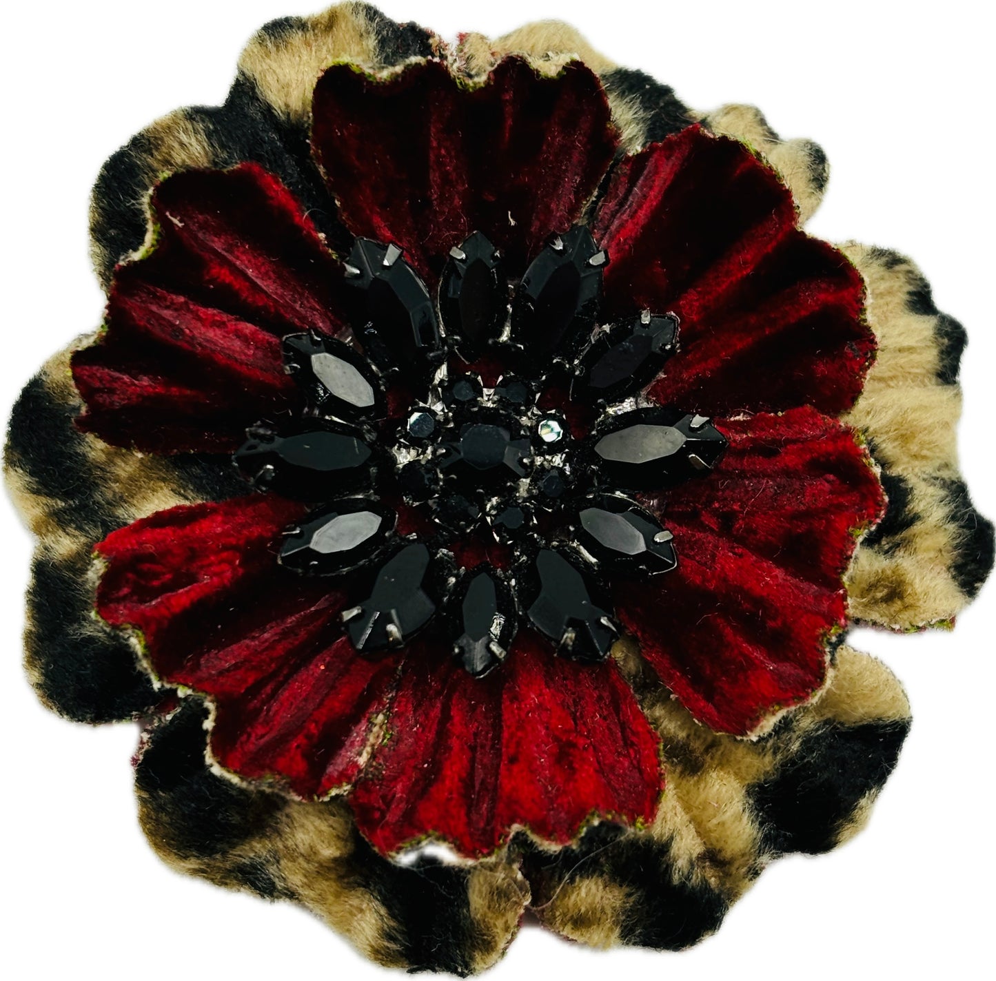 Karin’s Garden 2.5” Leopard & Red Velvet with black crystal jeweled center.  Pin or Clip into hair, lapel & more.