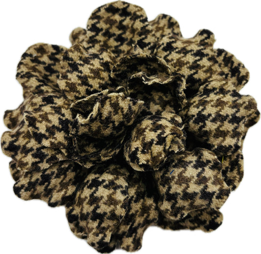 "Elspeth" Shades of Brown 4" Wool Plaid Classic Gardenia Brooch & Clip Duo.  100% Wool.  Made with Love in the USA.