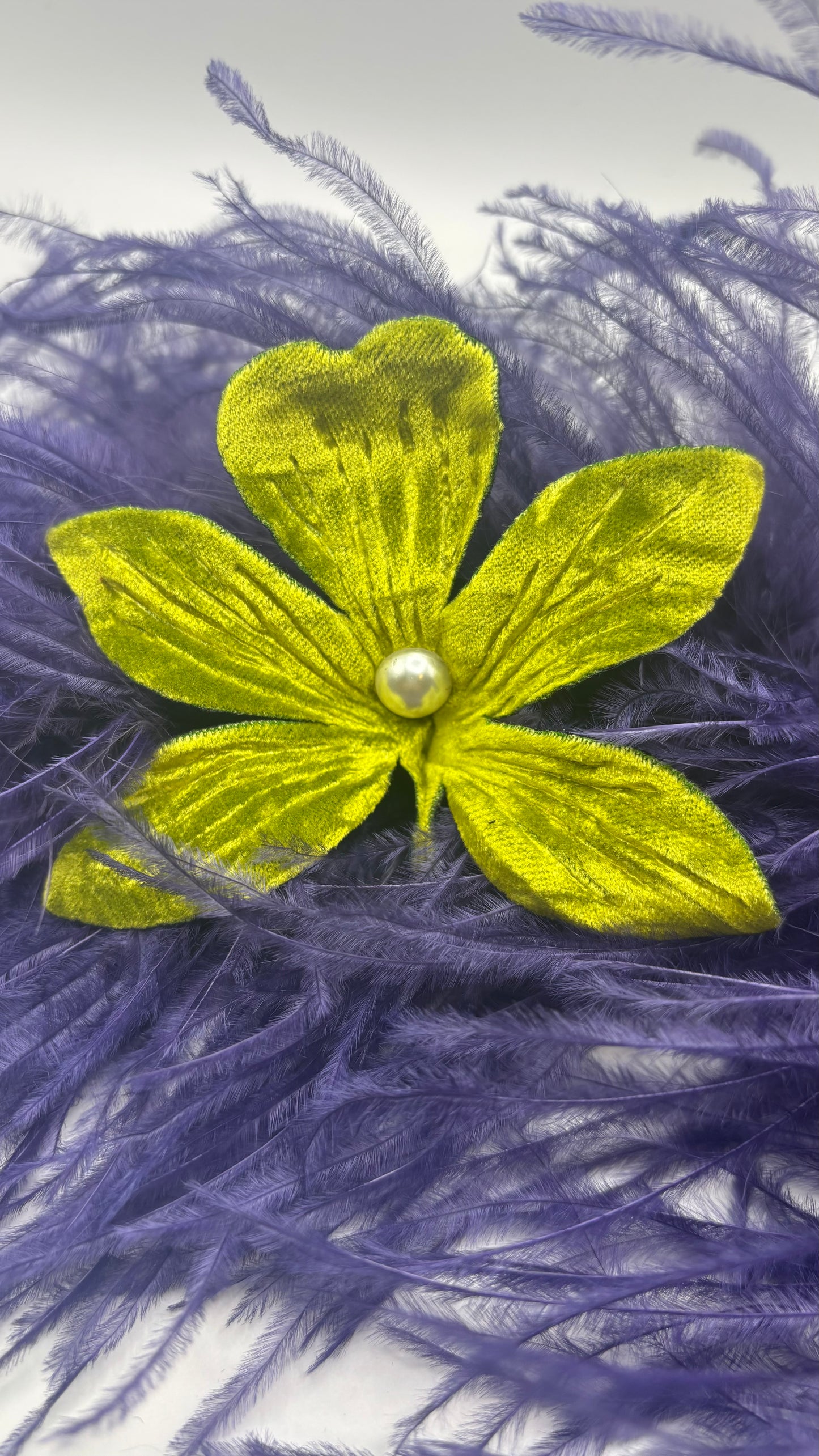 Chartreuse Crushed Velvet Orchid with pearl center Clip into hair, onto lapel, handbag and more