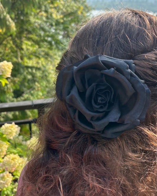 Daphne Black Silk Rose Pin & Clip, 3.5"