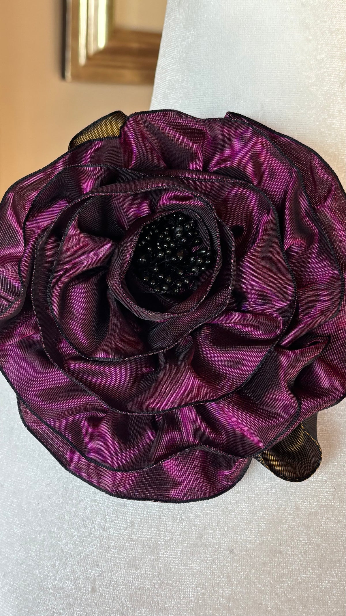 “Rosette” Brooch & Clip in Plum.  Pin or Clip to dresses, lapels, handbag or hat.  Made in the USA.  You can reshape the flower and leaves.