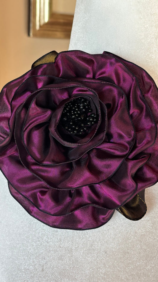 Francesca Brooch & Clip in Plum.  Pin or Clip to dresses, lapels, handbag or hat.  Made in the USA.  You can reshape the flower and leaves.  Taffeta from France