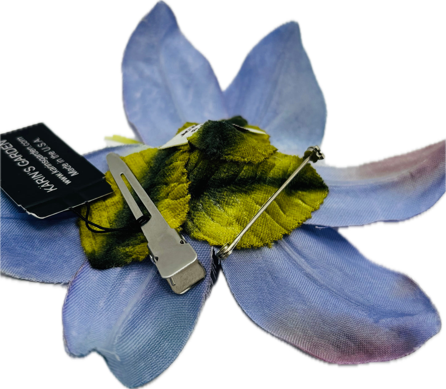 Abigail Blue Lily Pin and Clip with Swarovski Crystals. Clip to dress, into hair, onto lapel, bag, hat and more.