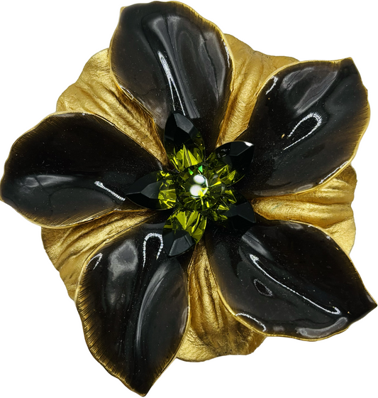 "Leigh" Enamel with Leather and Crystals Brooch Clip 2.5" Brown Gold