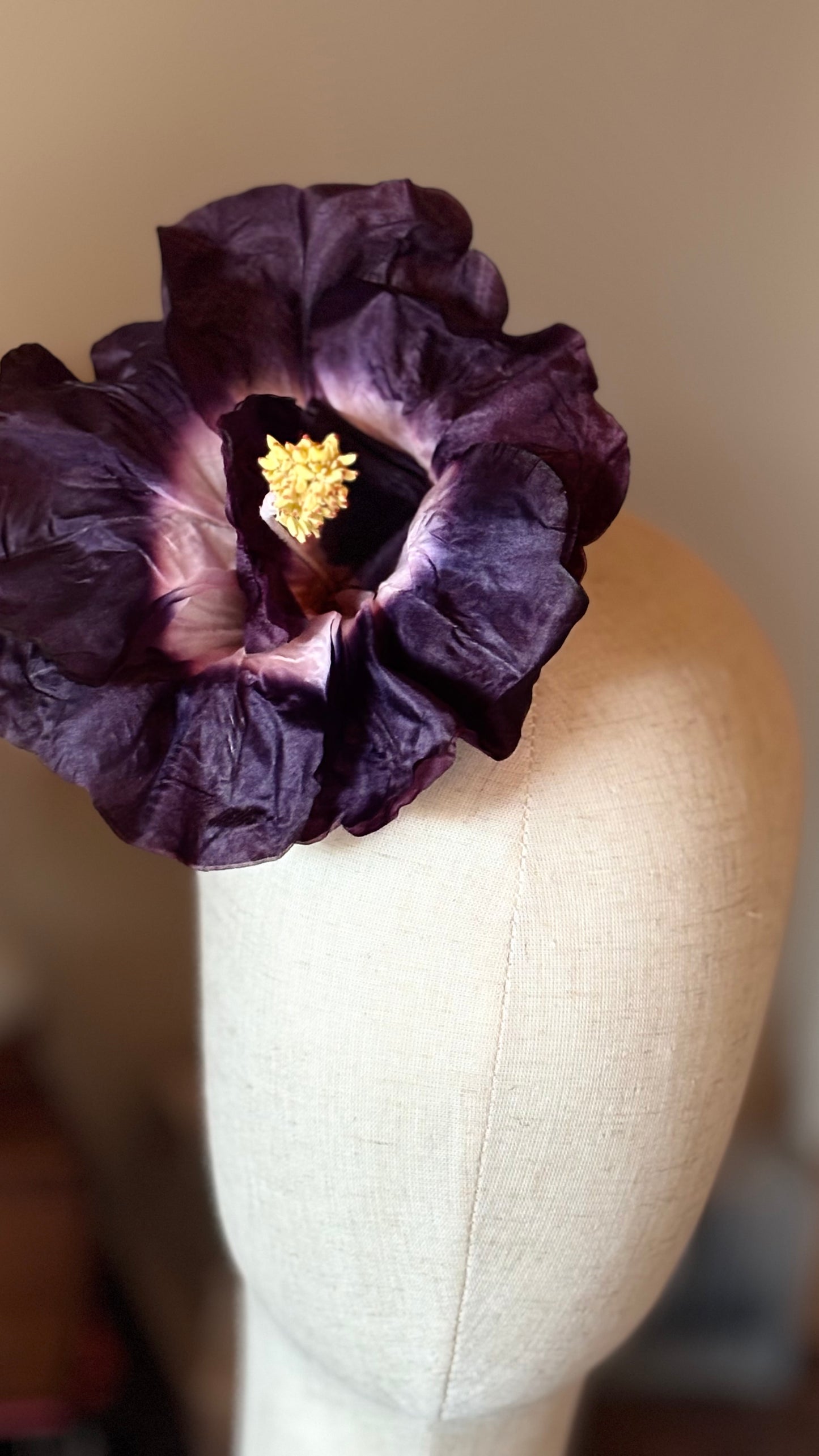 "Caterina" Vintage German Purple GDR Hibiscus 6" Reimagined Mid-Century Brooch & Clip Duo.  For your sundress, handbag, hat & lapel.