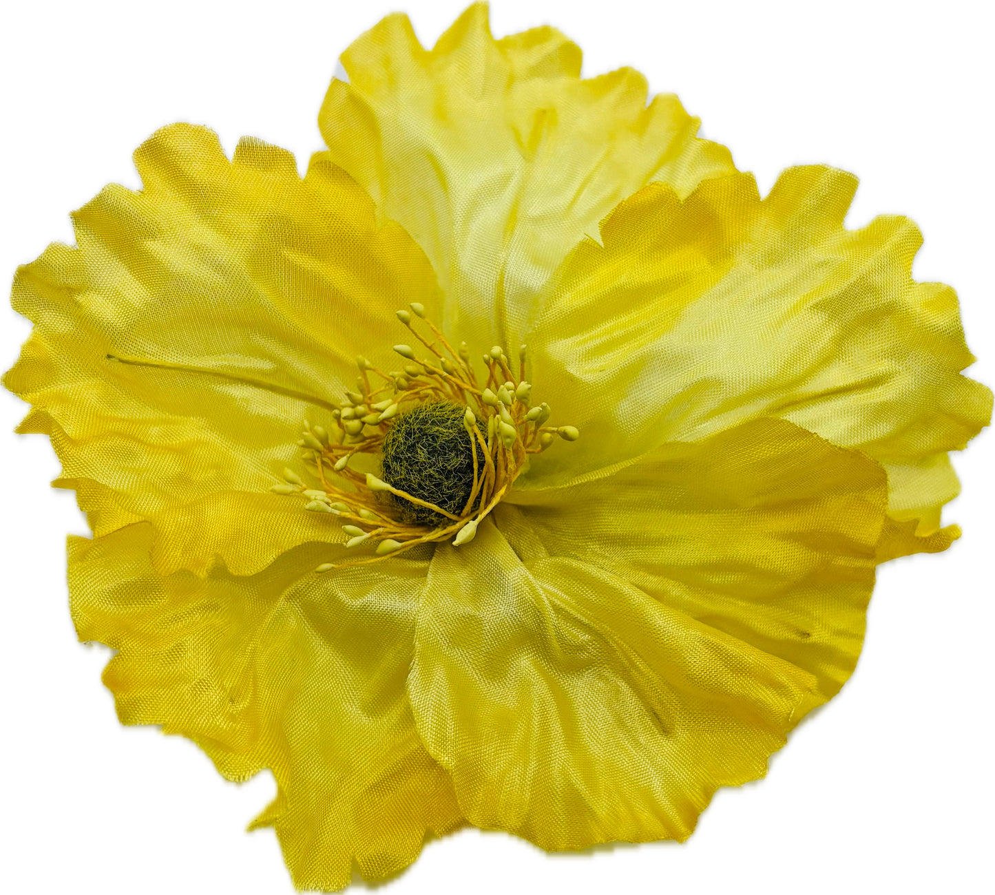 Yellow Garden Poppy 4" Pin or Clip into hair, onto dress, lapel, hat and more.  Lifelike Poppy.  Bendable Petals.