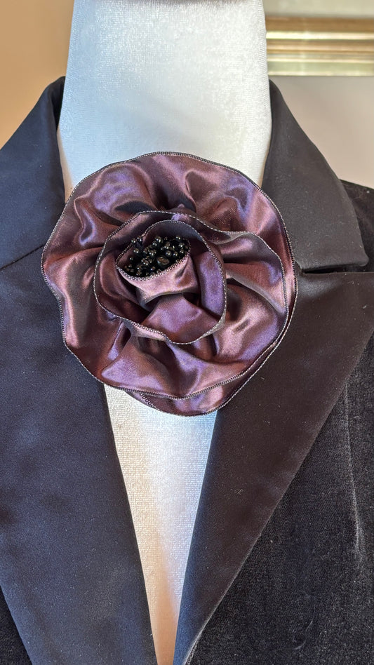 Francesca Petite Brooch & Clip in Plum.  Pin or Clip to dresses, lapels, handbag or hat.  Made in the USA.  You can reshape the flower and leaves.  Taffeta from France.