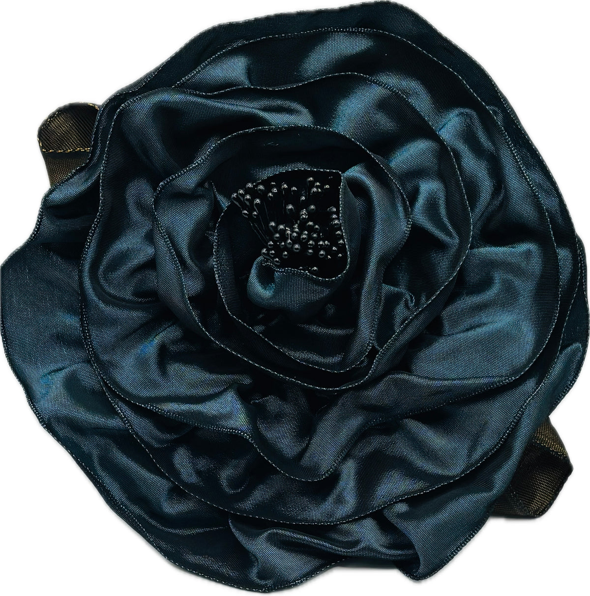 “Rosette” Brooch & Clip in Teal.  Pin or Clip to dresses, lapels, handbag or hat.  Made in the USA.  You can reshape the flower and leaves.