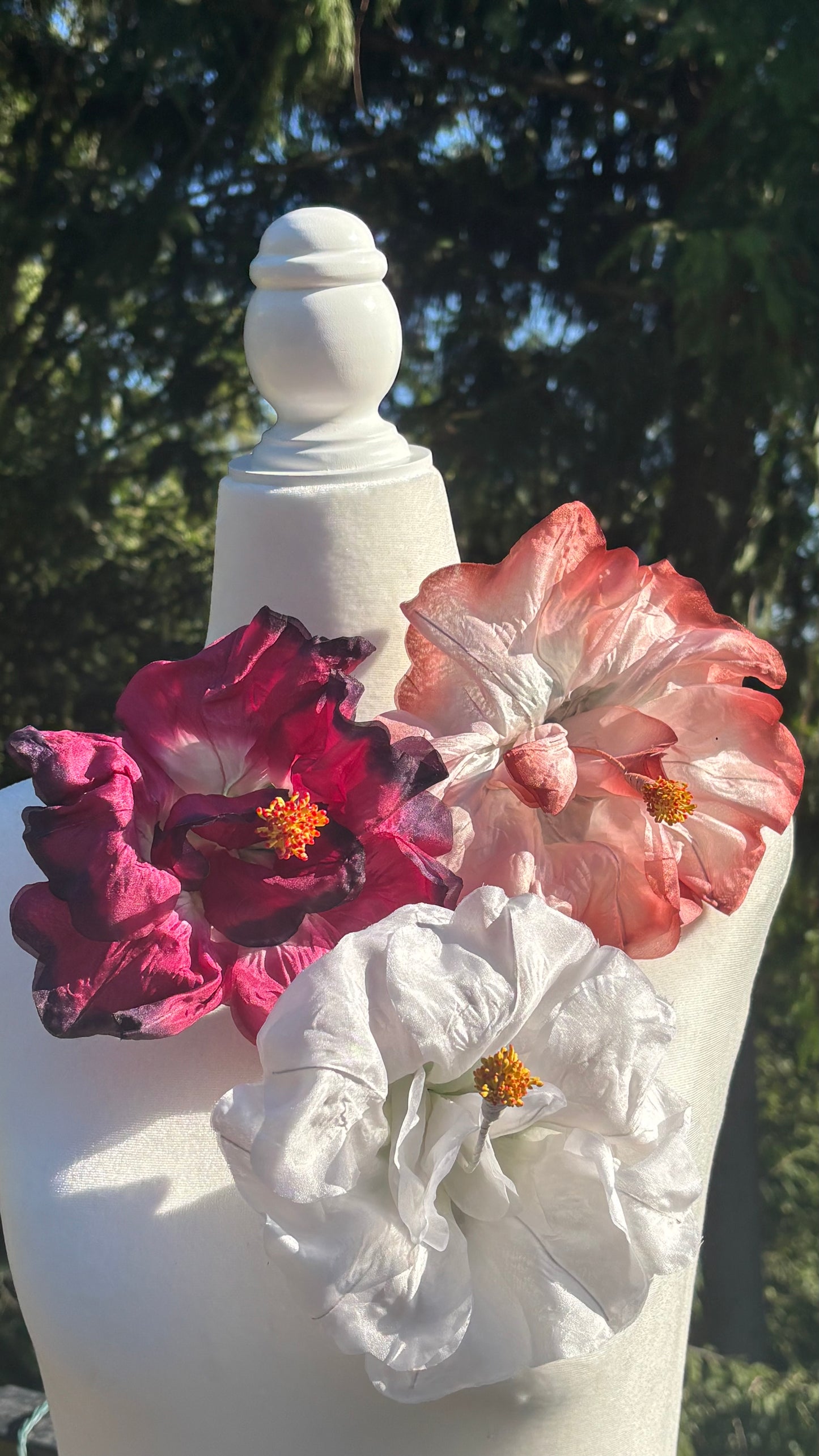 "Caterina" Vintage German Wine Silk GDR Hibiscus 6" Reimagined Mid-Century Brooch & Clip Duo.  For your sundress, handbag, hat & lapel.
