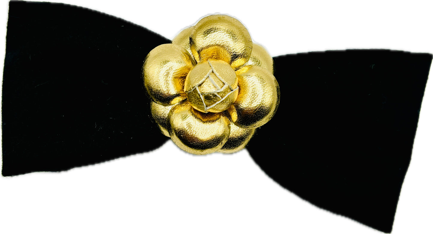 Karin’s Garden 5th Ave Mia Wool Bow Barrette with 2" Leather Camellia.  Made in the USA.  Metal Auto Barrette from France