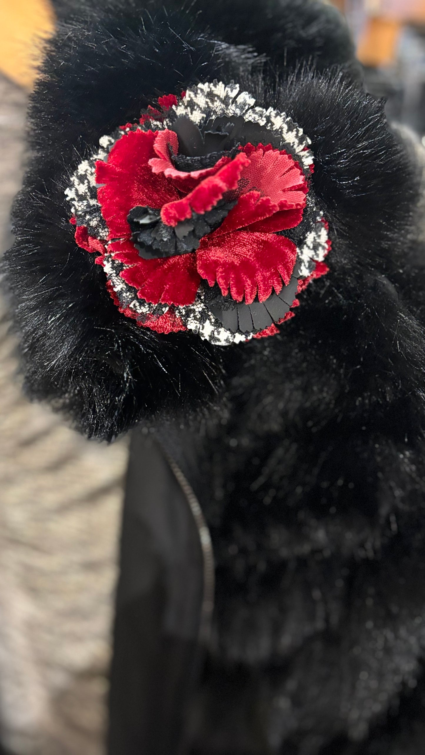 "Brooke" Red White & Black Wool Houndstooth Velvet & Lace Flower Brooch and Clip 3" Made in the USA with Love
