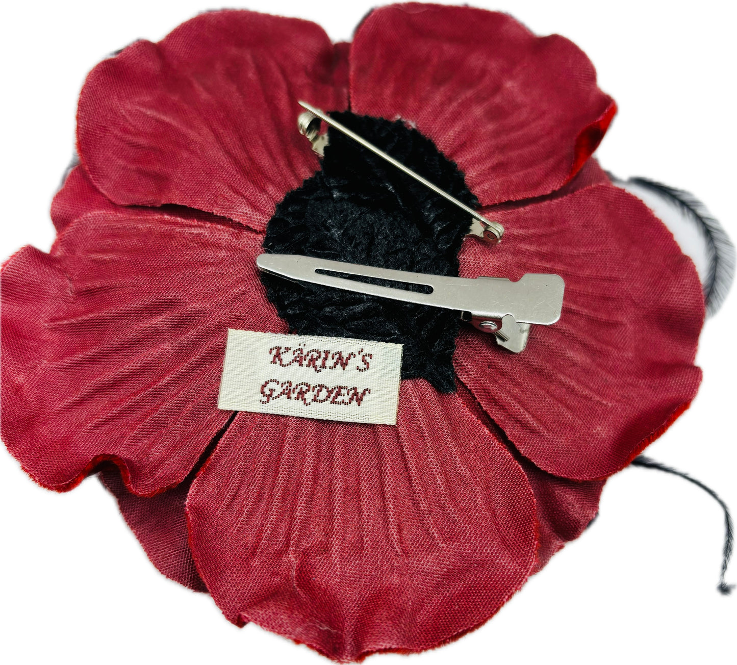 “Kitty" Red Velvet Ostrich Flower Pin and Clip. Clip into hair, onto purse, dress, hat, wrist and more. A versatile accessory.