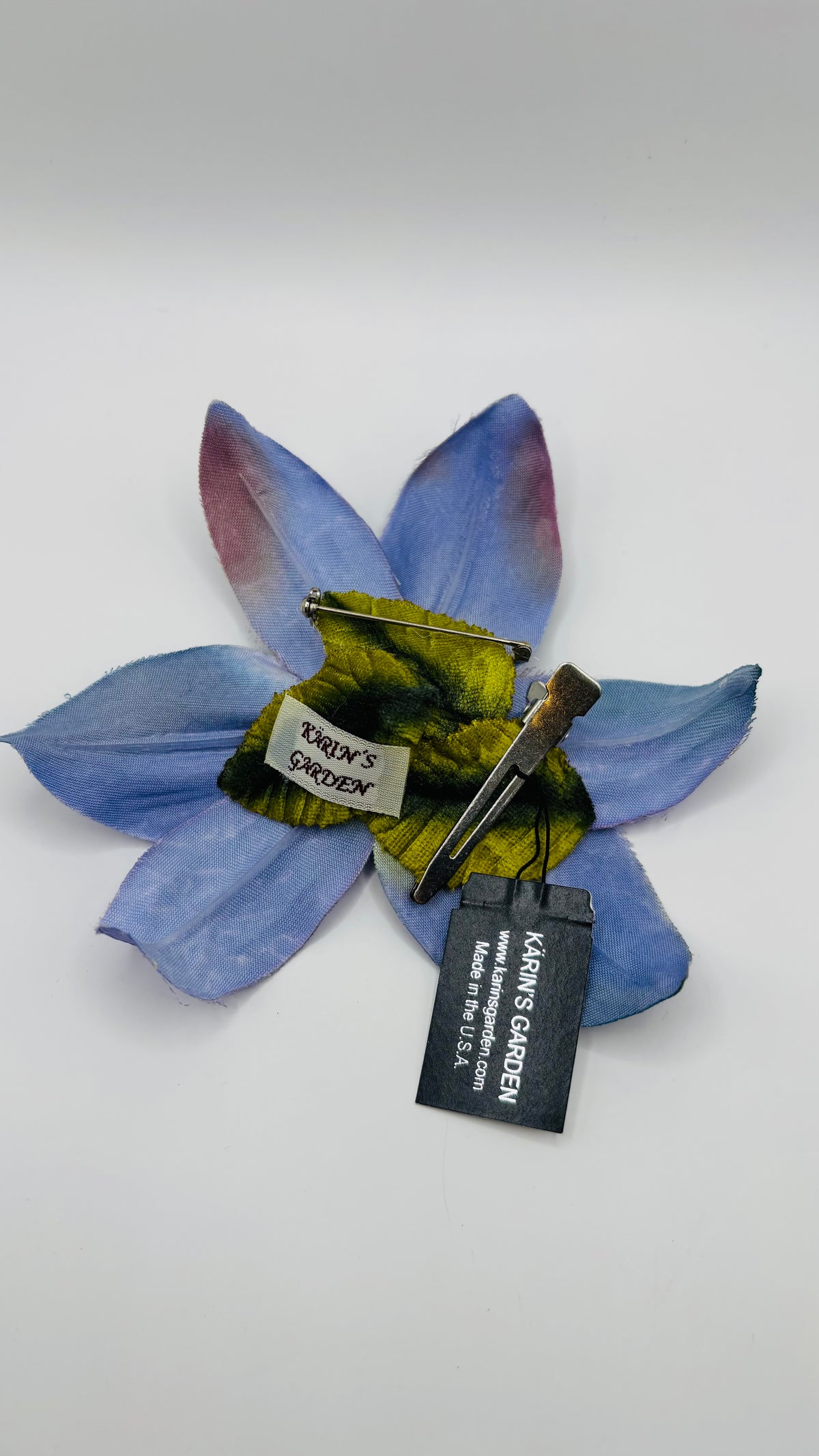 Abigail Blue Lily Pin and Clip with Swarovski Crystals. Clip to dress, into hair, onto lapel, bag, hat and more.