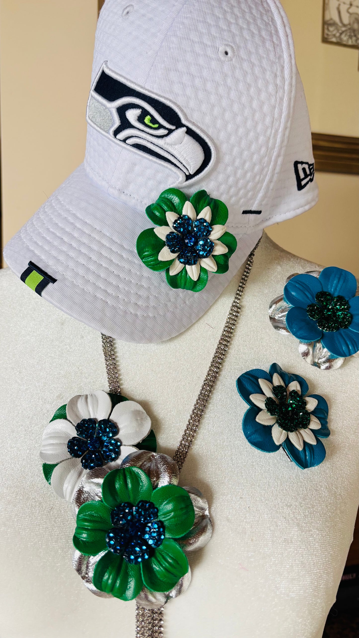 “Seahawks" 2.25 Petite Leather & Crystal Flower Pin & Clip. White with Blue Center. Made in Seattle, WA