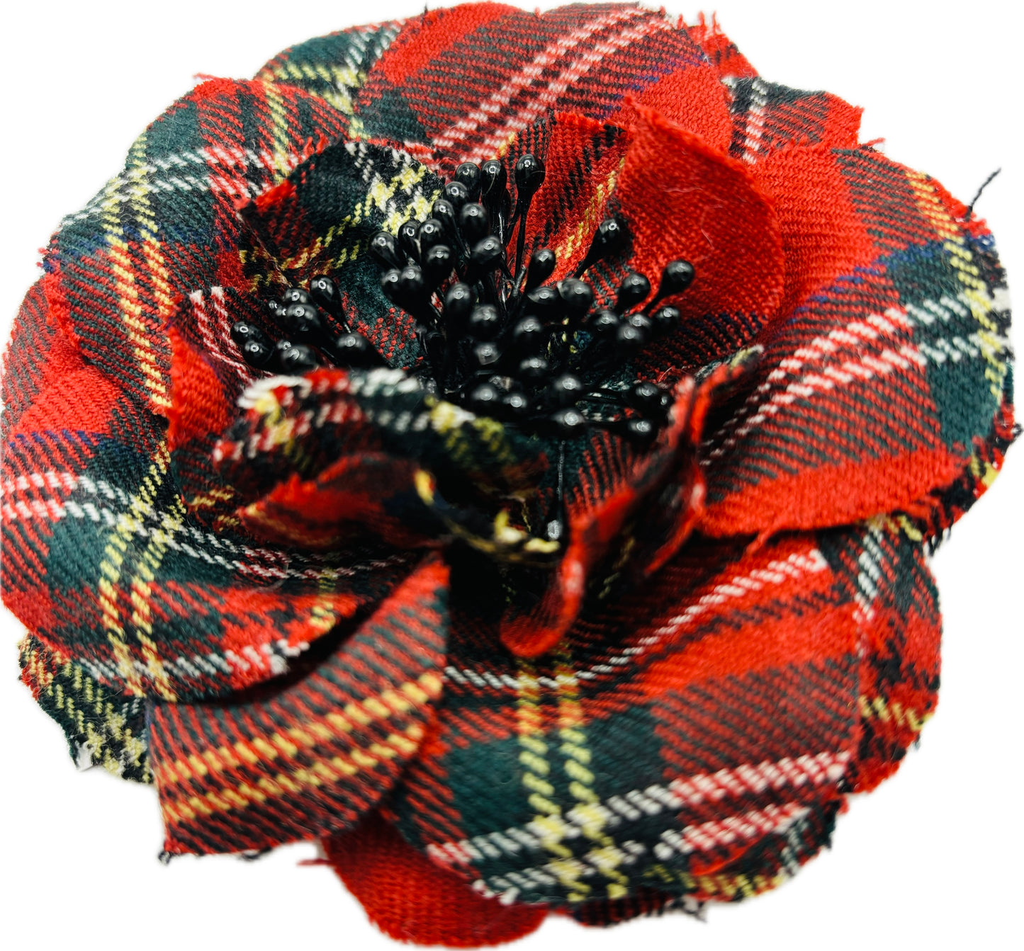 Karin’s Garden 3” Red Wool Plaid Rose Clip & Pin.  100% Wool.  Made in the USA.