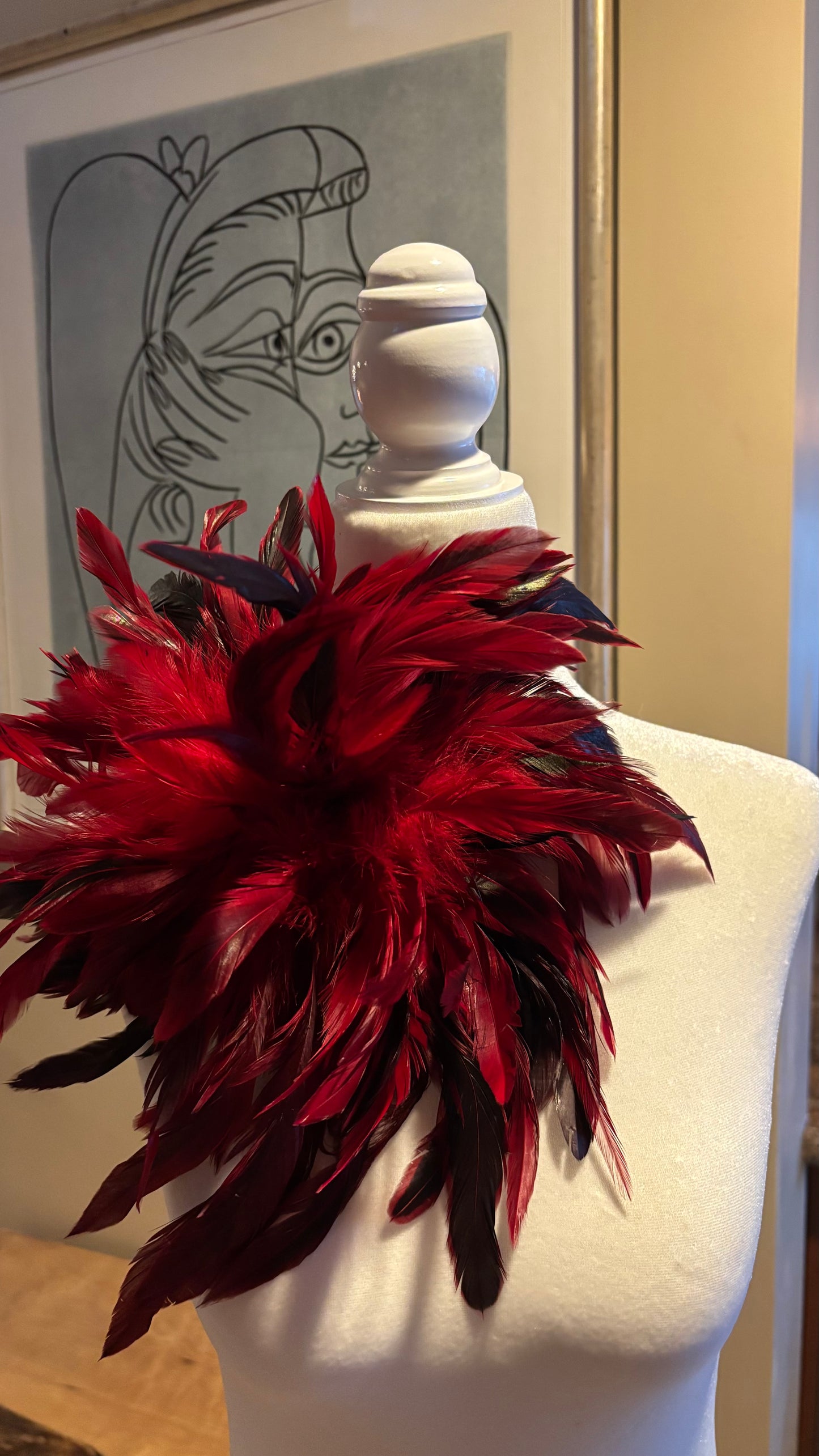 “Abracadabra” Red & Black Feather Brooch & Clip.  12" Pin or Clip to lapel, dress, blazer, clip onto wrist elastic, jacket, handbag, hair, hat and more.