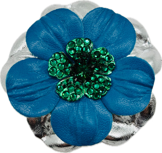 "Seahawks" Glam Leather Crystal Daisy Pin & Clip 2 1/2".  Crystal Center.  Blue with Green Center. Made in Seattle with Love