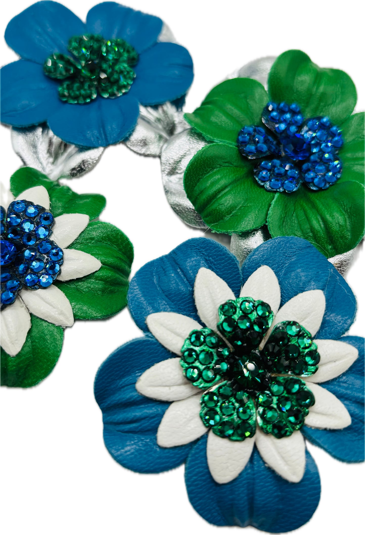 "Seahawks" Petite Leather & Green Crystal Flower Pin & Clip. Made in Seattle, WA
