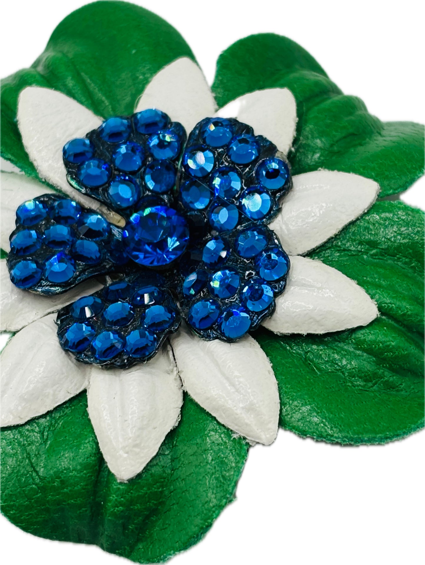 "Seahawks" Petite Leather & Blue Crystal Flower Pin & Clip. Made in Seattle, WA