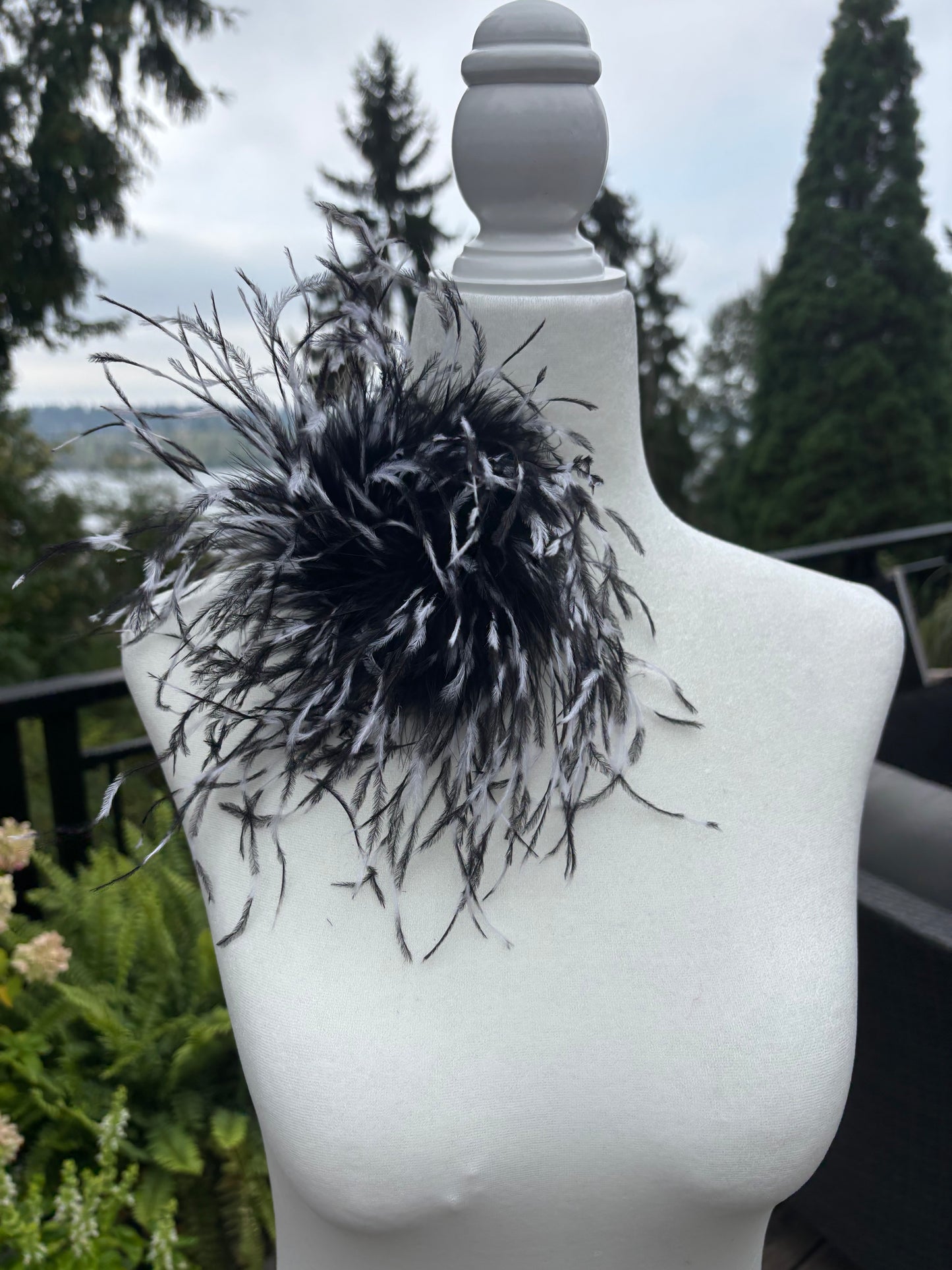 "Dietrich" Petite Ostrich Pin & Clip in Black/White.  Made in the USA. Genuine Ostrich. Available in many colors.  Available in Petite or Grand