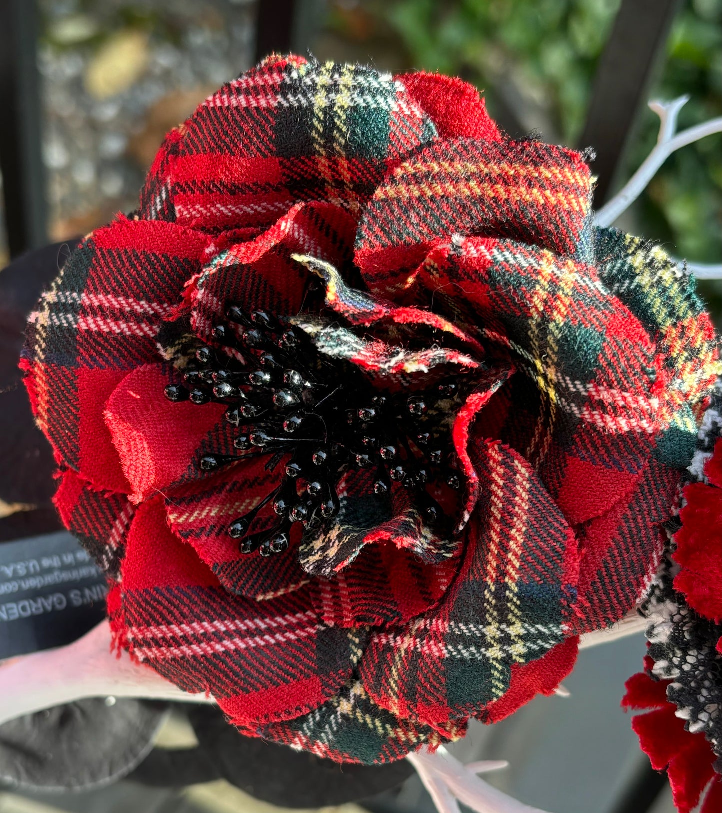 Karin’s Garden 3” Red Wool Plaid Rose Clip & Pin.  100% Wool.  Made in the USA.