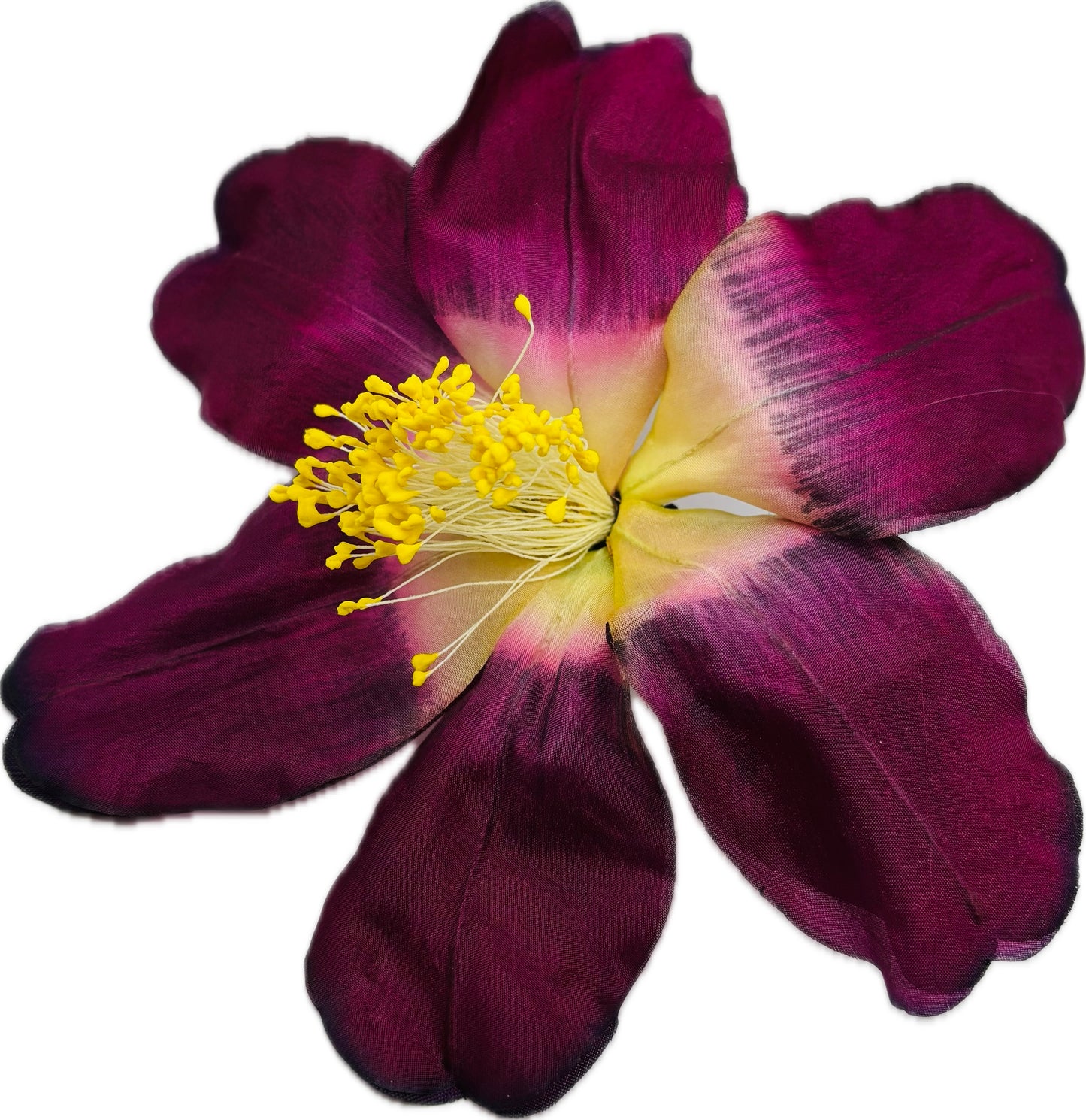 "Clementine" 4" Silk Clematis Purple Brooch and Clip. Karin's Garden. Bendable Petals. Pin or Clip into hair, onto dress, lapel, handbag and more.