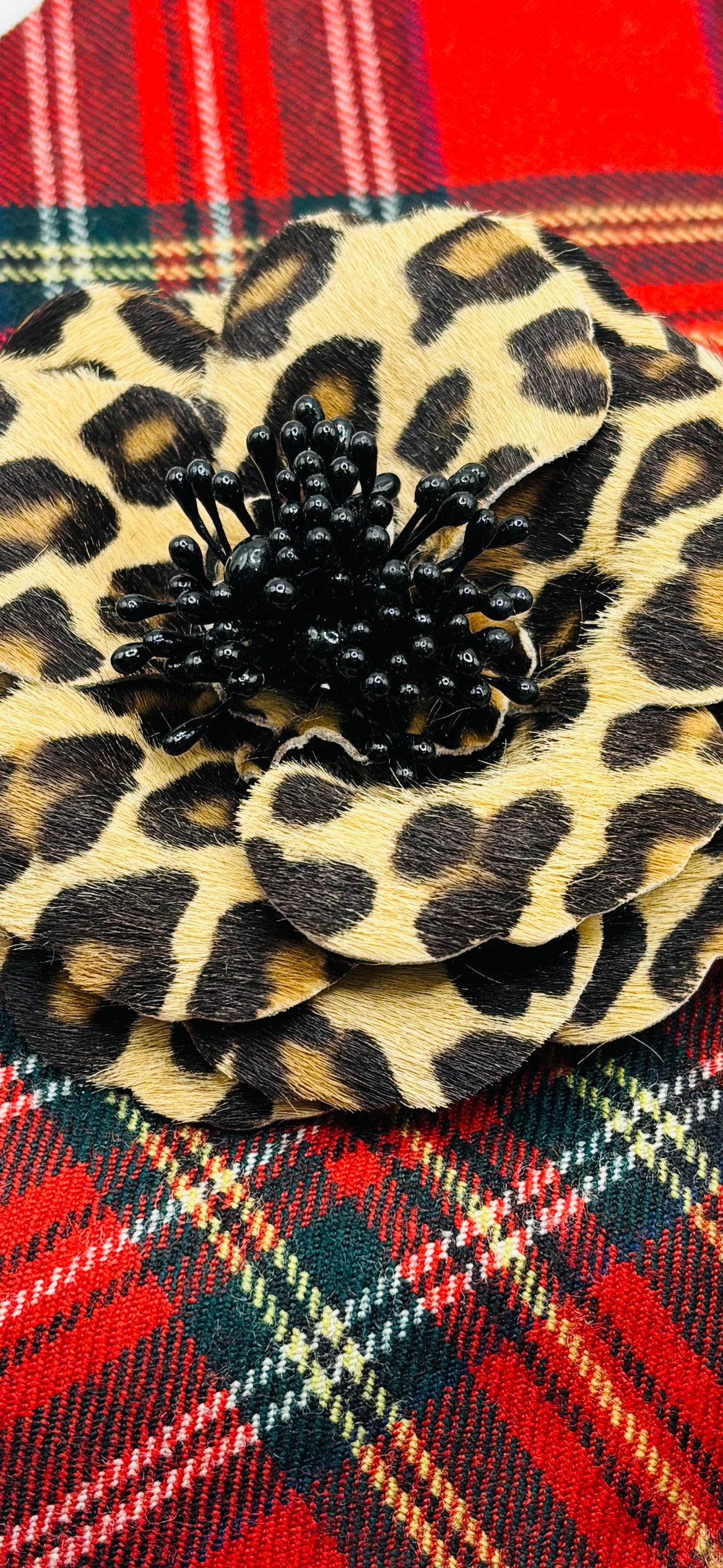 “Samantha” Real Leather Faux Leopard Print Rose Brooch & Clip.  Made in the USA with Love