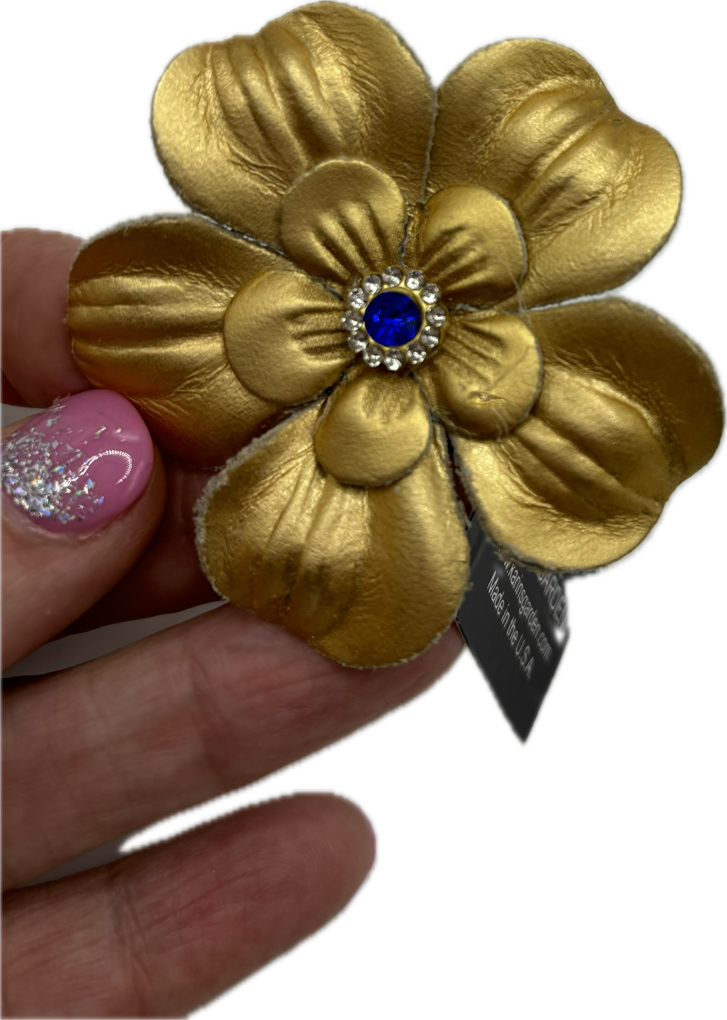 Karin's Garden 2.5" Gold Leather Flower Clip with Blue crystal center