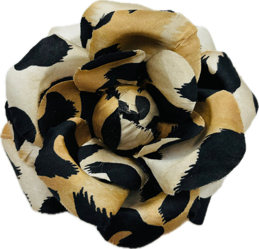 Silk Leopard Brown Tones Rose Brooch & Clip.  3.5" Karin's Garden.  Clip into hair, onto dress, lapel, handbag and more.