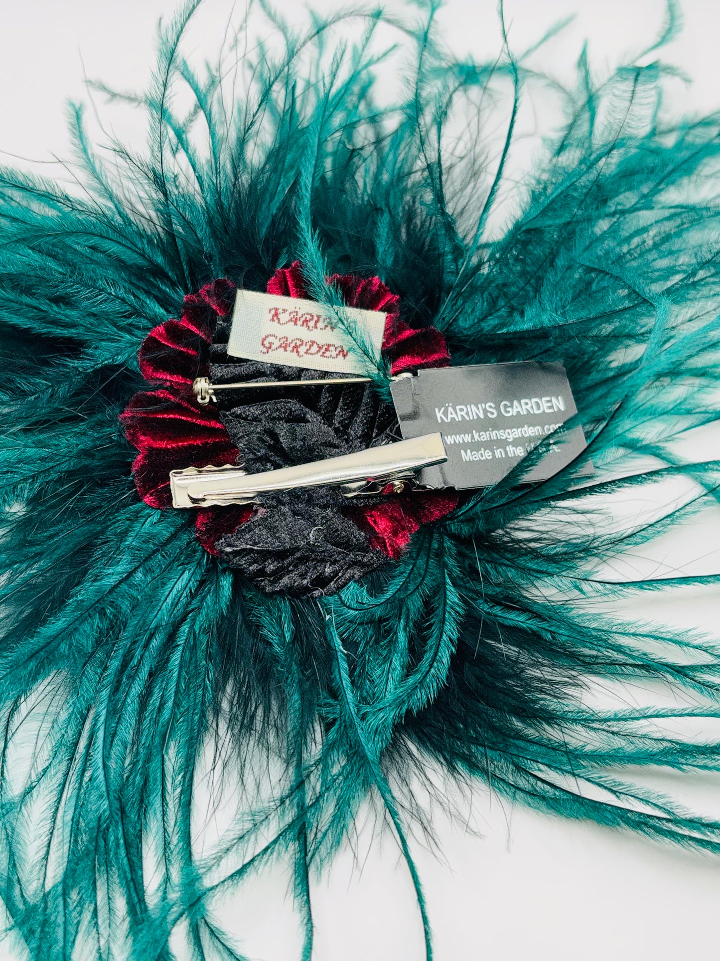 Dietrich Petite Ostrich Pin & Clip in Emerald.  Handmade in the USA. Genuine Ostrich. Available in many colors.  Available in Petite or Grand