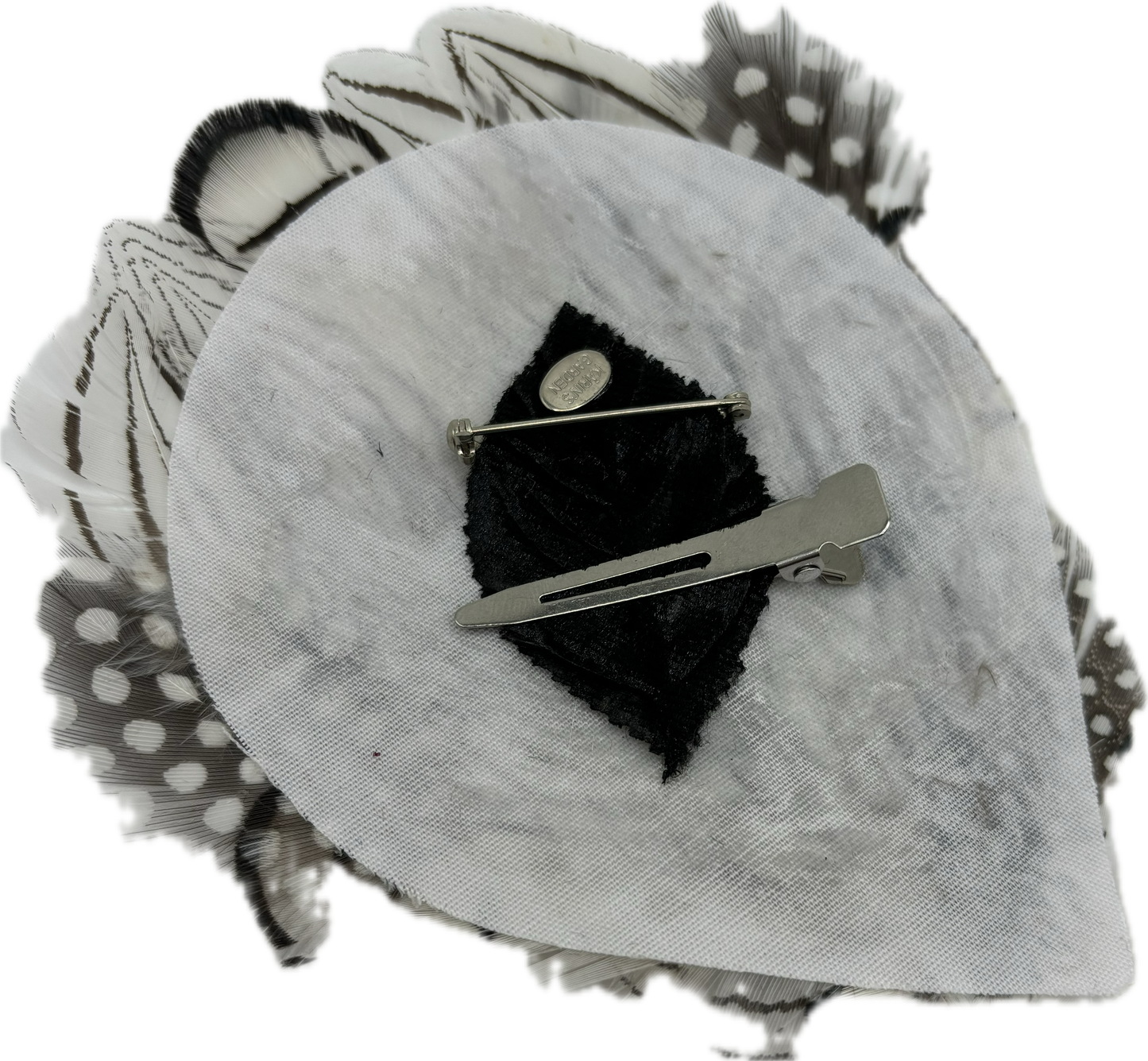 Karin's Garden Black White Feather Pin & Clip.  Pin or Clip onto lapel, dress, onto hair and more