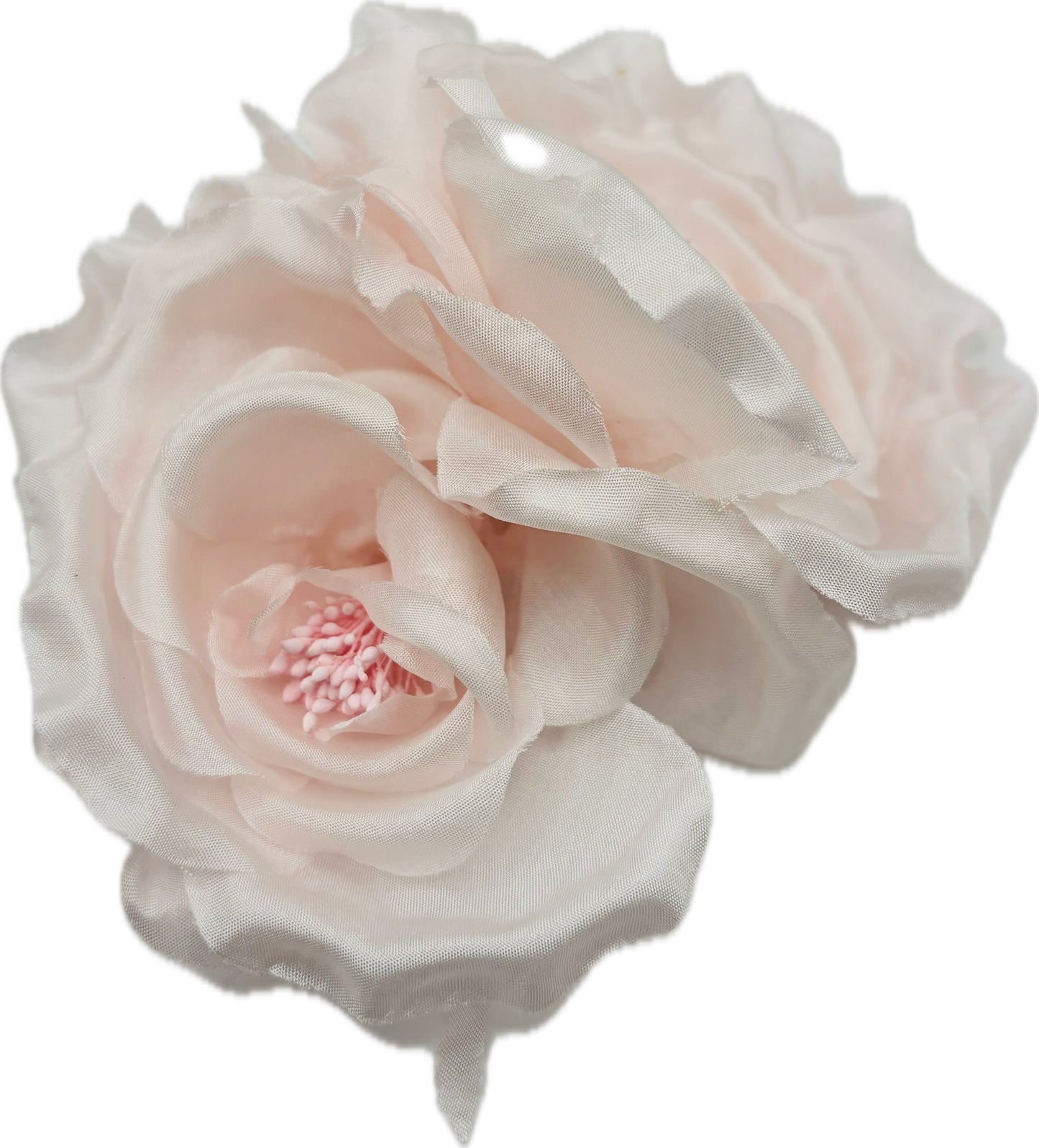 "Bianca" 4.5" Petal Pink Double Rose Silk Brooch and Clip.  Pin or Clip onto dress, into hair, onto handbag, hats, on a dress and more.