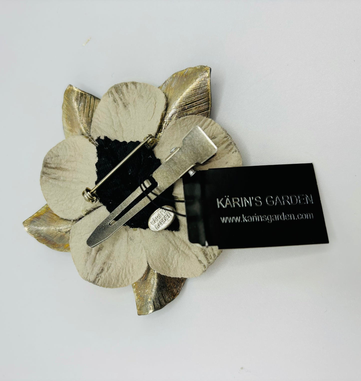 Karin’s Garden 2.5” Enamel with Leather and crystals pin-clip duo